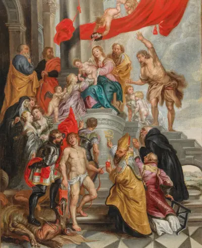 The Virgin and Child adored by Saints av Follower of Peter Paul Rubens