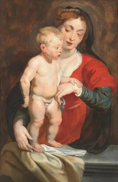 The Virgin Supporting The Christ Child On A Parapet av Follower of Peter Paul Rubens