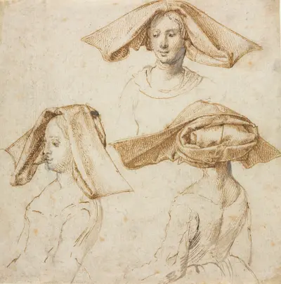 Three Studies of a Woman Wearing an Elaborate Headdress av Peter Paul Rubens