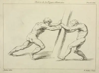 Two figures straining against a post av Peter Paul Rubens