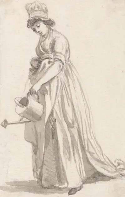 A Girl with a Watering Can facing left; Sarah Hough, Mrs. T.P. Sandby’s Nursery Maid av Paul Sandby