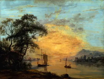 Walesiskt solnedgångslandskap med flod av Paul Sandby