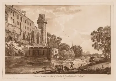 Wieża Cezara i fragment zamku Warwick widziane z wyspy, Paul Sandby