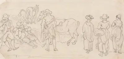 Figure with Lute and Tambourine, with Other Figures; Men Resting, Country Women, Horses, etc. av Paul Sandby