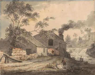 Kuźnia żelaza nad rzeką Kent, Westmorland, Paul Sandby