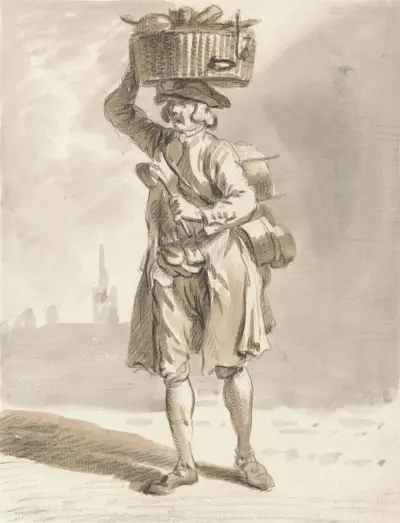 Londyńskie okrzyki; Mężczyzna z koszem (Sprzedawca garnków i patelni), Paul Sandby