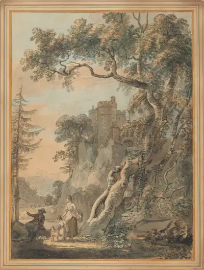 Pejzaż romantyczny – chłopi u stóp zamku na skale, Paul Sandby
