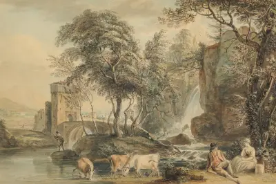 Romantyczny pejzaż z postaciami i bydłem, Paul Sandby