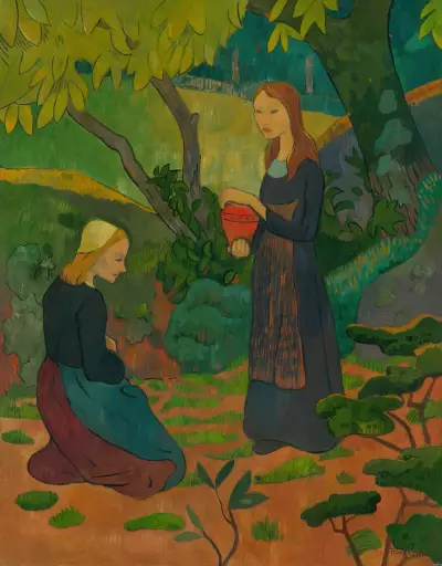 Junge Bretonin mit zinnoberrotem Topf und kniendem Mädchen von Paul Sérusier