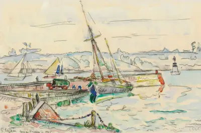 Lézardrieux, voilier à quai av Paul Signac