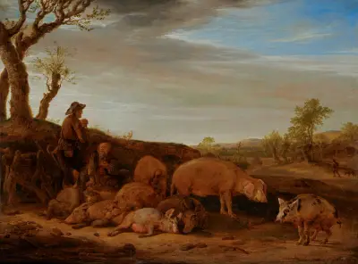 A Landscape with a Herd of Pigs, The Swineherd Conversing with Another Man av Paulus Potter