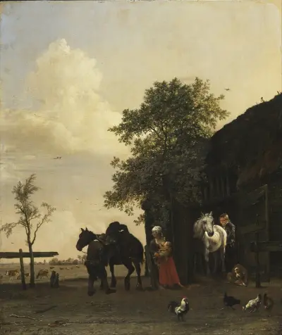 Figuren mit Pferden bei einem Stall von Paulus Potter