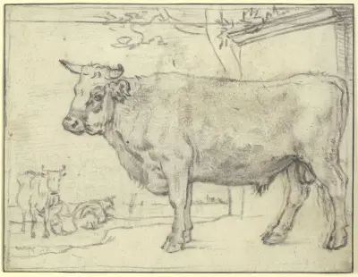 Stier nach links, hinten zwei Kühe und eine Melkerin av Paulus Potter