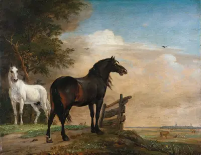 Zwei Pferde auf einer Wiese an einem Tor von Paulus Potter