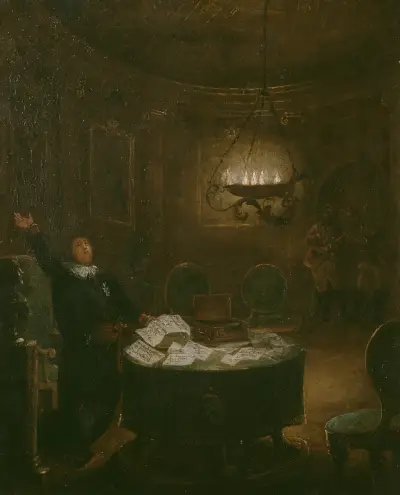 Prezident Gustaf Adolf Reuterholm (1756–1813) otevírá Armfeltovy dopisy na Stockholmském hradě roku 1794, Pehr Hörberg