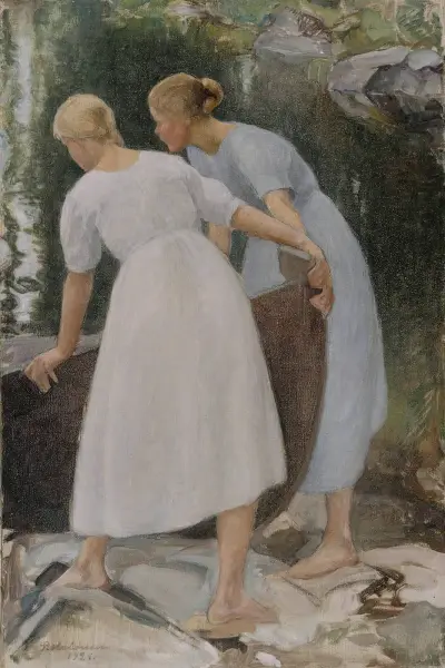 Girls Pushing A Boat av Pekka Halonen