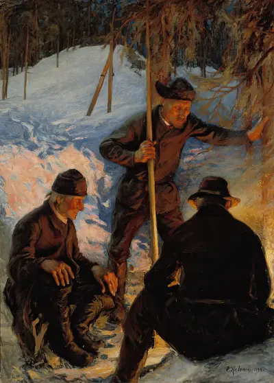 Skogshuggare kring en lägereld av Pekka Halonen