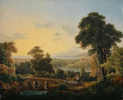 Hilly Landscape with River and Bridge av Peter Birmann