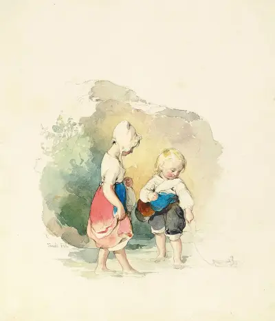Children paddling by the rocks av Peter Fendi