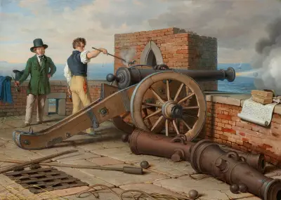 Künstlerfreunde lösen einen Kanonenschuss auf der Festung Michele bei Ostia (Ferdinand Jagemann und Peter Krafft) av Johann Peter Krafft