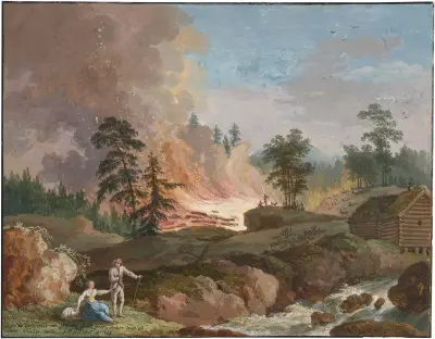 Ett landskap i Sverige med bönder som bränner skog och ett par som vilar vid en bäck av Jacob Philipp Hackert