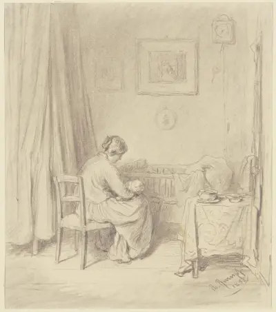 Kvinna som sitter vid ett barns säng och vaggar det till sömn i sina armar av Philipp Rumpf