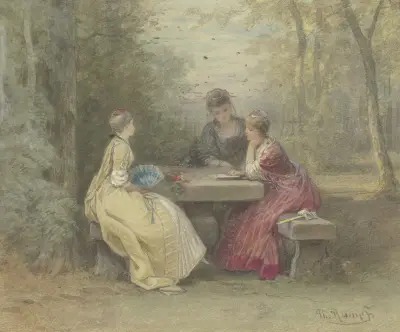 Vorlesung im Park, drei junge Damen in Watteau’schem Kostüm um einen Steintisch sitzend (Laube am Sandhof bei Niederrad) av Philipp Rumpf