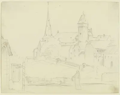 Mittelalterliches Dorf mit Kirche und Stadtturm av Philipp Veit