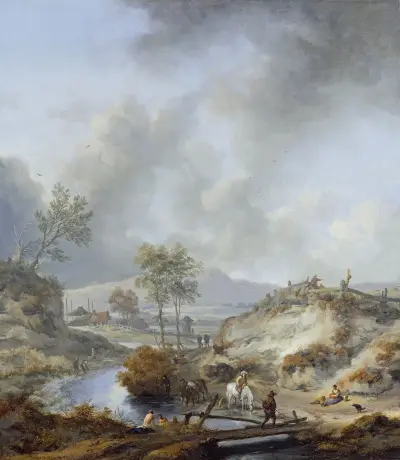 Ein Bach in hügeliger Landschaft von Philips Wouwerman