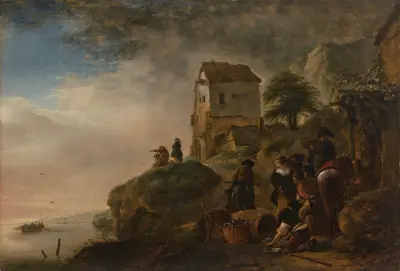 Fischer, die ihren Fang an einer felsigen Küste präsentieren von Philips Wouwerman