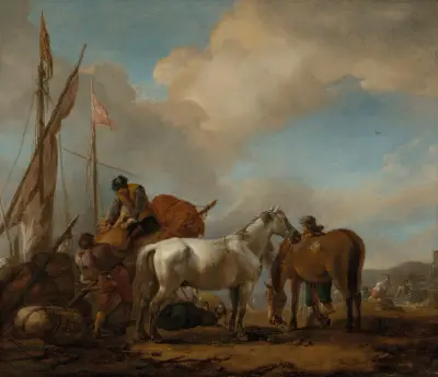 Pferde in einer Landschaft mit Figuren, die Ballen auf ein Boot laden von Philips Wouwerman