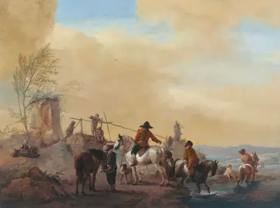 Reiter und rastende Pferde an einem Fluss von Philips Wouwerman