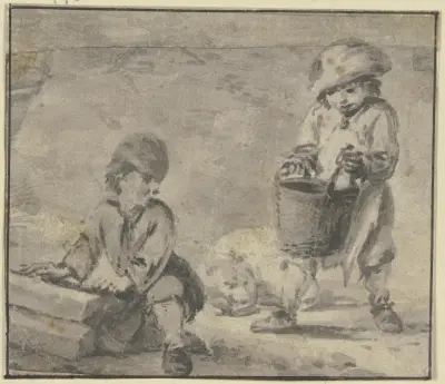 Zwei Knaben bei einem Hund, der in der Mitte liegt von Philips Wouwerman