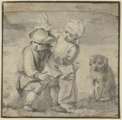 Zwei Knaben bei einem Hunde, der rechts sitzt von Philips Wouwerman