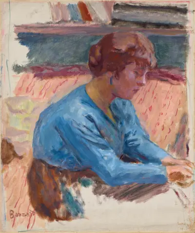 Femme pensive au corsage bleu av Pierre Bonnard
