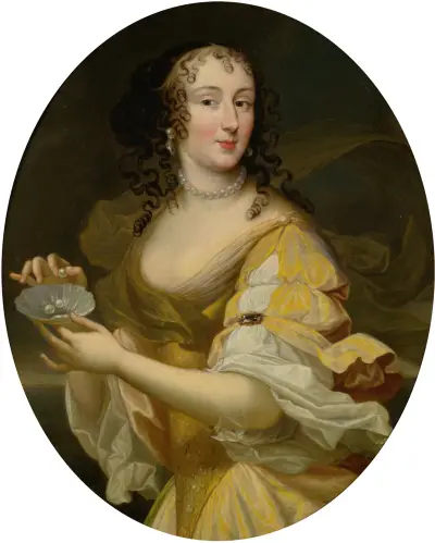 Portrait Of A Lady In Allegorical Guise, Holding A Dish Of Pearls av Pierre Mignard