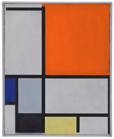 Komposition med stort rött plan, blått, grått, svart och gult av Piet Mondrian