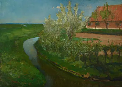 Zakrzywiony kanał nawadniający przy gospodarstwie z kwitnącymi drzewami, Piet Mondrian