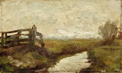 Irrigation ditch with wood gate at left av Piet Mondrian