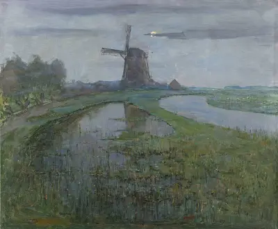 Oostzijdse Mill along the River Gein by Moonlight av Piet Mondrian