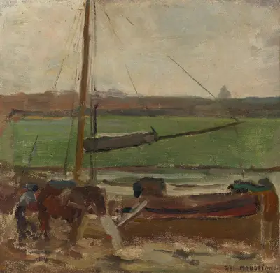 Polder med förtöjd fraktskuta utanför Amsterdam II av Piet Mondrian