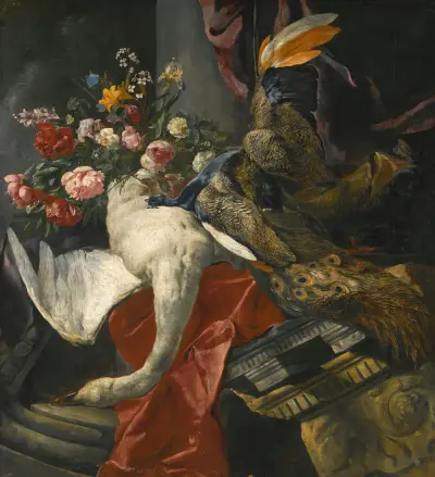 Stilleben med pioner, rosor och andra blommor i en terrakottavas, tillsammans med en svan, påfågel och vildsvinshuvud, vilande på ett rött draperi och ett antikt arkitekturfragment av Pieter Boel