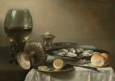 A large roemer, overturned tazza, salt cellar, partially sliced lemon, oysters, pepper, knife and bread on a partially draped table av Pieter Claesz