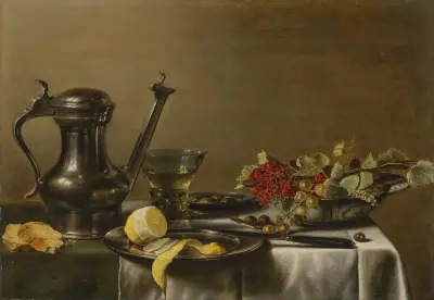 A peeled lemon on a pewter plate, a pewter wine jar, a roemer, gooseberries and redcurrants in a dish, a knife, on a partially draped table av Pieter Claesz