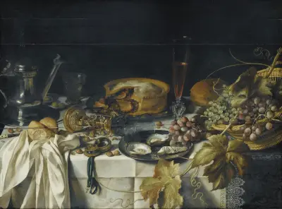 Nature morte au mince pie, panier de raisins, pichet en étain et montre av Pieter Claesz