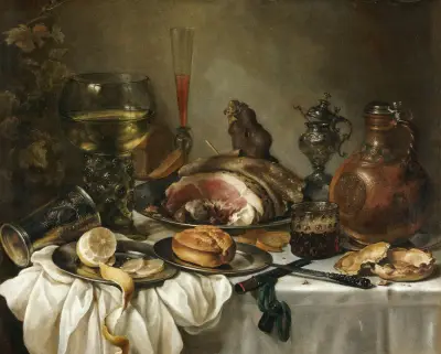Still Life Of A Roemer, An Earthenware Jug, An Overturned Silver Beaker, A Ham And Other Objects Arranged Upon A Draped Table Top av Pieter Claesz
