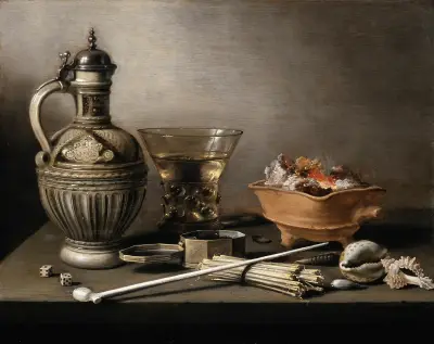 Still Life with a Stoneware Jug, Berkemeyer, and Smoking Utensils av Pieter Claesz