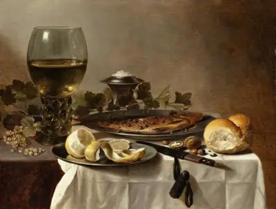 Still Life with Herring, Wine and Bread av Pieter Claesz