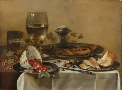Still Life With Roemer, Smoked Herring, Walnuts, White Currants And Wild Strawberries av Pieter Claesz