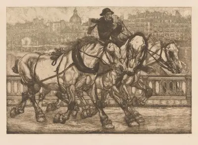 Drie paarden op de Pont de Sully in Parijs av Pieter Dupont